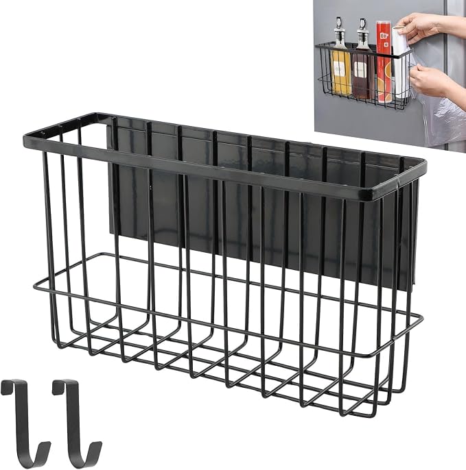 Magnetic Basket Organizers, Dryer Ball Holder Laundry Room Organization Whiteboard Metal Wire Basket with Hooks, Space-Saving Fridge Spice Rack for Sponge Recipe Wrap