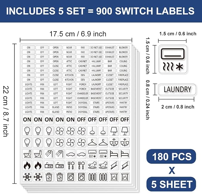 900 Pcs Light Switch Sticker Labels, 57 Designs Transparent Switch ID Sticker Blue Switchboard Label Decals for Home Kitchen Bathroom Office School