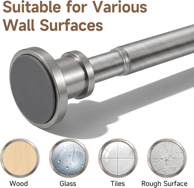 BRIOFOX Brushed Nickel Tension Curtain Rod 24 to 94 Inch(2-7.8ft) - Stainless Steel Spring Tension Shower Curtain Rod, No Drilling Tension Rod for Curtains or Windows