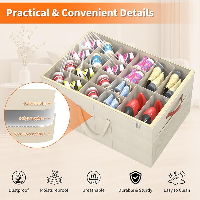 Aokeyee 2 Pack Shoe Organizer for Closet, Large Shoe Storage Box Fits up to 48 Pairs, Space Saving Foldable Shoes Organizer Bin w/Clear Cover and 4 Reinforced Handles, Beige