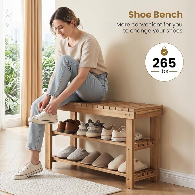 GOFLAME Wooden Shoe Rack Bench, 3-Tier Free Standing Entryway Bench Seat with Slatted Shelves, Shoe Storage Organizer for Entryway, Hallway, Bedroom, Living Room, Small Space, 28"x11"x18"