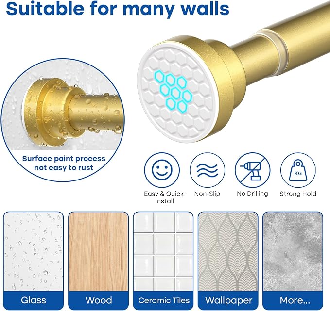 2Pack Tension Curtain Rod 30-64 Inch Gold Adjustable Curtain Rods No Drilling Expandable Pressure Spring Tension Curtain Rod 7/8" Spring Loaded Curtain Rods For Windows Bedroom Closet Doorway Door
