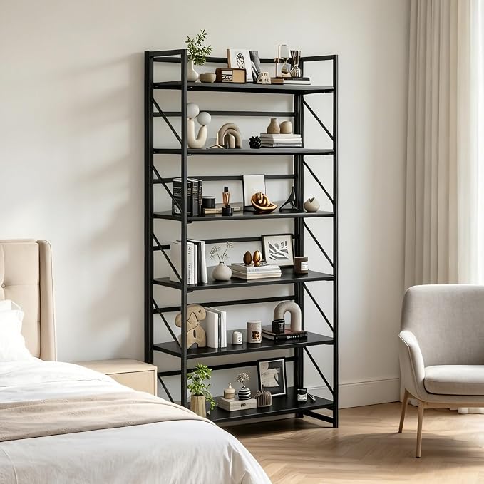 JSB 6 Tier No Assembly Folding Bookshelf, 30.7" Wide Foldable Storage Bookcase for Home Office, Space-Saving Storage Shelf for Living Room (Black)