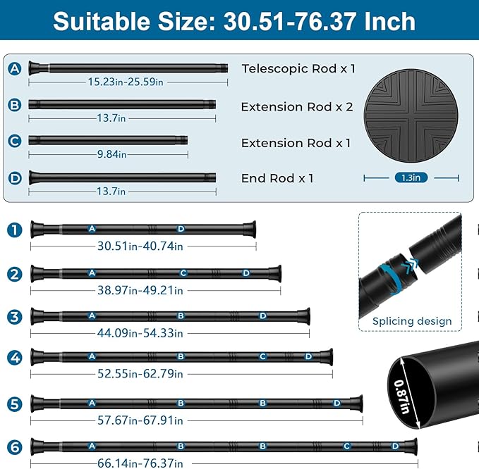2Pack Tension Rods 31-76 Inch, Spring Loaded Curtain Rods Non-slip, Expandable Curtain Rod Tension No Drilling, Curtain Tension Rod For Window, Doorway, Kitchen, Tension Curtain Rod Black