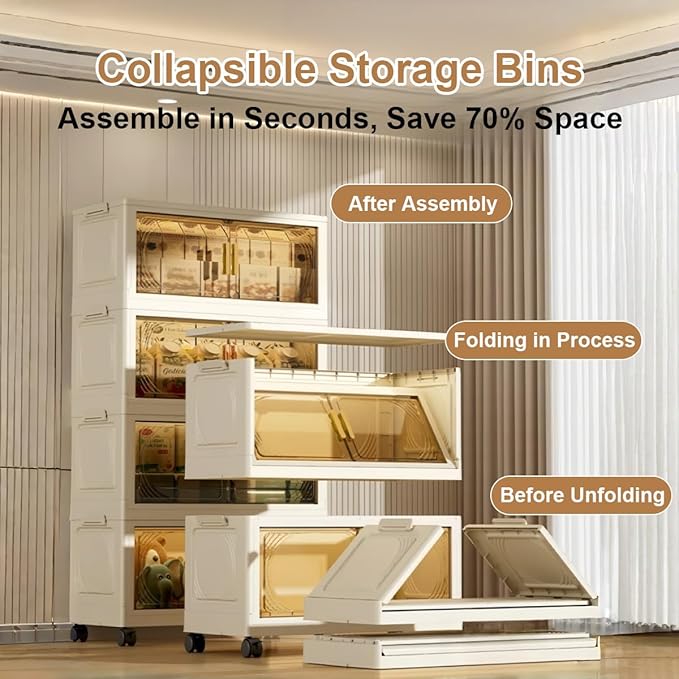 4-Tier Stackable Storage Bins with Wheels & Magnetic Doors, Foldable Collapsible Organizer Cabinet with Lids, 40 QT Arc-Design Clear Storage Boxes for Bedroom, Kitchen, Office, Dorm