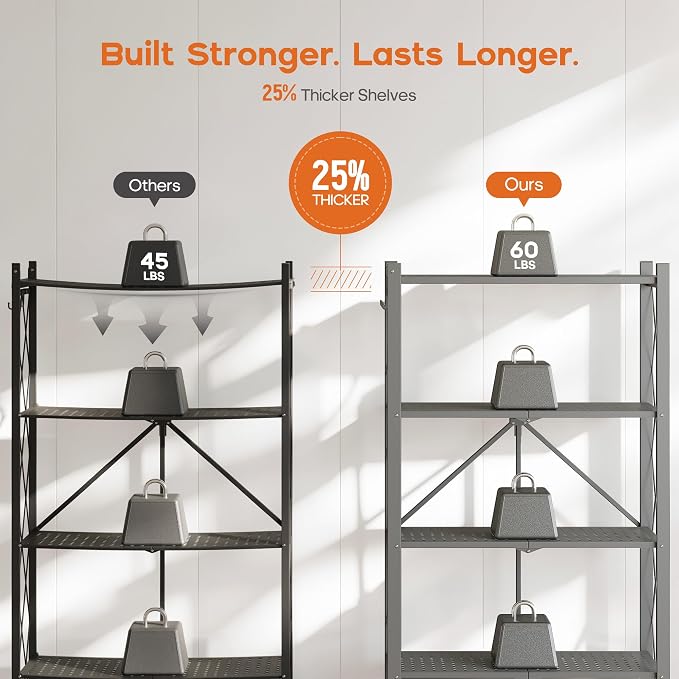 Fenbeli Foldable Shelves with Wheels - 4 Tier Folding Shelf, Collapsible No Assembly Metal Shelving Unit, Origami Storage Shelves & Rolling Storage Rack with 8 Hooks for Kitchen Pantry Garage