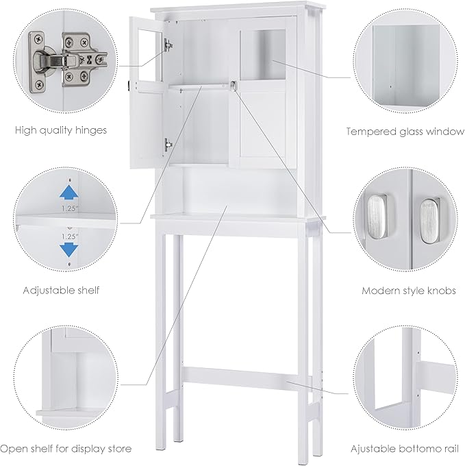 Spirich Bathroom Over the Toilet Storage Cabinet with Glass Doors, White | Toilet Organizer with Adjustable Shelf, Anti-tipping Device, Wood, Elegant Modern Design, Space Saver for Tight Spaces