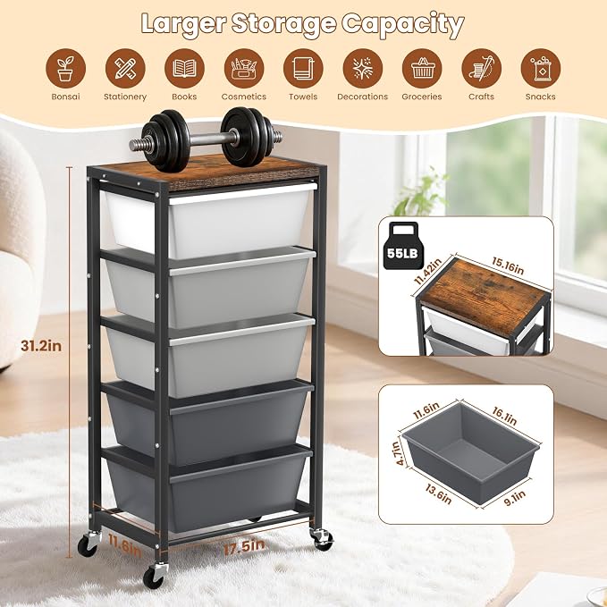 Rolling Cart with 5 Drawers, Plastic Drawer Storage Carts with Wheels & Wooden Tabletop, Metal Utility Cart for Office Bedroom Living Room Classroom, Craft Organization and Storage, Grey