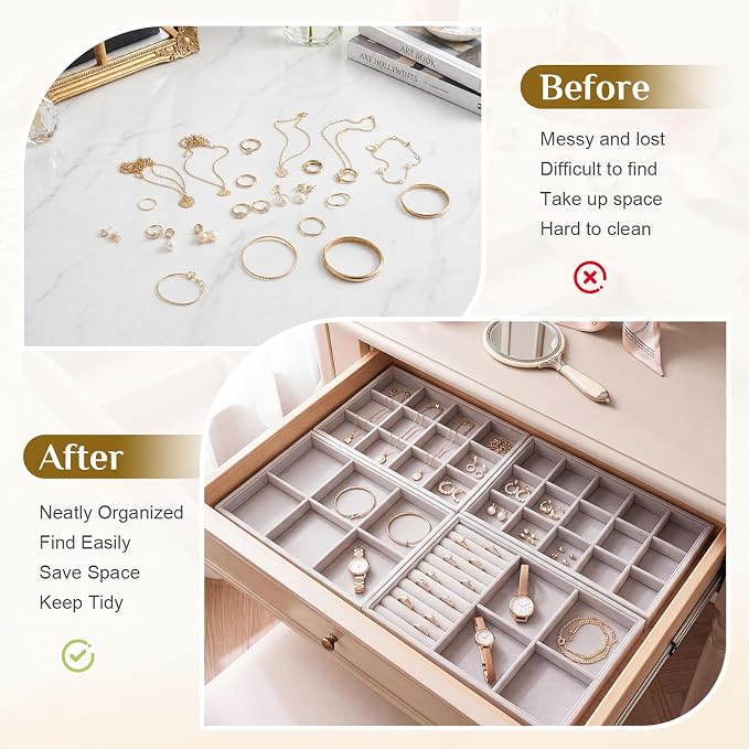 Unittype Set of 4 Stackable Jewelry Organizer Tray for Drawer Inserts Velvet Necklace Earring Bracelet Ring Holder Jewelry Display Storage Box for Bangle Stud Necklace Ring(Mixed Styles,Gray)
