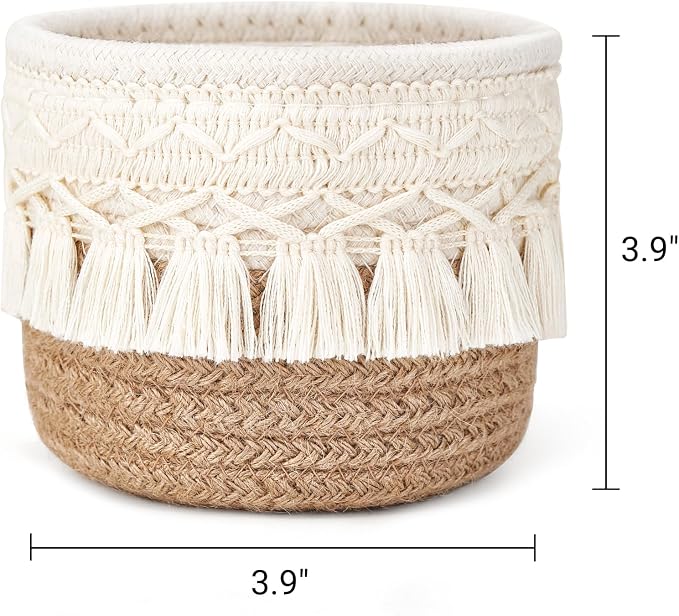 Mkono Macrame Makeup Brush Holder, Boho Mini Storage Basket Set of 2 | X-Small 3.9"W x 3.9"H, Yellow and White, Comb Pens Tiny Succulents Holder, Bedroom Vanity Living Room Bathroom Dorm Office