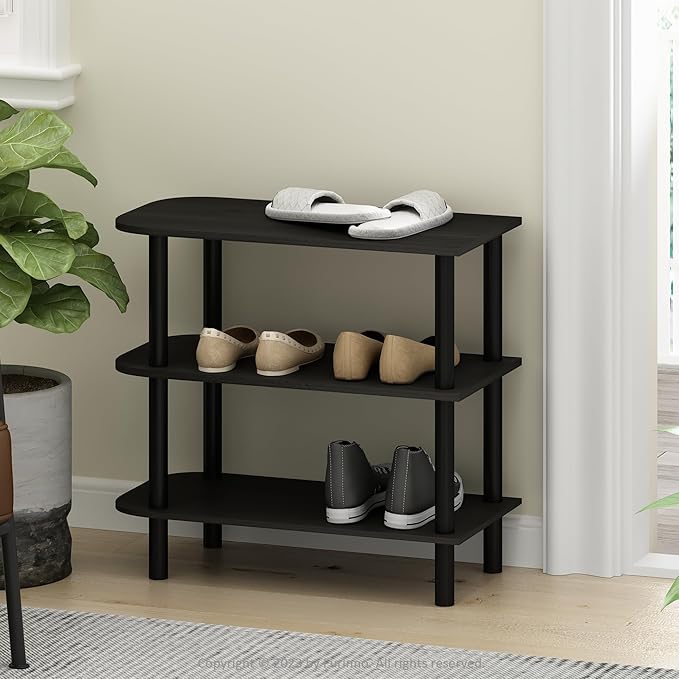 Furinno Turn-N-Tube 3-Tier Toolless Narrow Shoe Rack, Espresso | 11.7 x 23.6 x 21.9, Small Shoes Organizer, Shoe Rack Storage with Curved Organizer, for Closet Entryway, Office, Garage