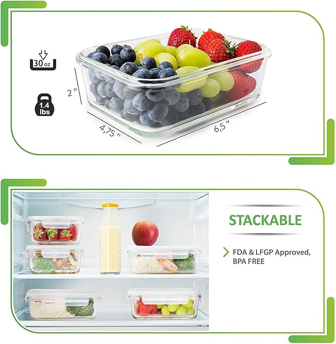 PrepNaturals 5 Pack 30 Oz Glass Meal Prep Containers - Dishwasher Microwave Freezer Oven Safe - Glass Storage Containers with Lids (Multi-Compartment) | Borosilicate Glass Meal Prep Containers - Airtight Leak-Resistant Lids, Microwave, Oven & Freezer S...