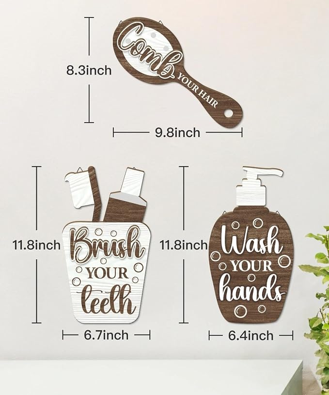 Putuo Decor Bathroom Wall Decor Sign Set Brush Your Teeth Comb Your Hair Wash Your Hands Wooden Wall Hanging for Kids Bathroom Home Restroom Decor
