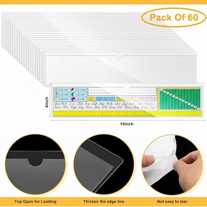 Chinco 60 Pcs Self Adhesive Pockets, Bin Labels for Storage Bins, Clear Pocket Label Sleeves, Plastic Index Card Holder with Top Open for Organizing Bins Box Drawer (14 x4 Inches)