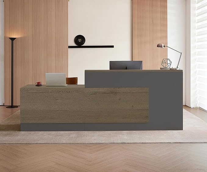 Modern L-Shaped Reception Desk with Counter - 63 Inches Front Desk with Storage Cabinet, Open Shelves, Lockable Drawer & Keyboard Tray for Office, Lobby, Checkout (Tobacco Wood & Iron Gray - Left)