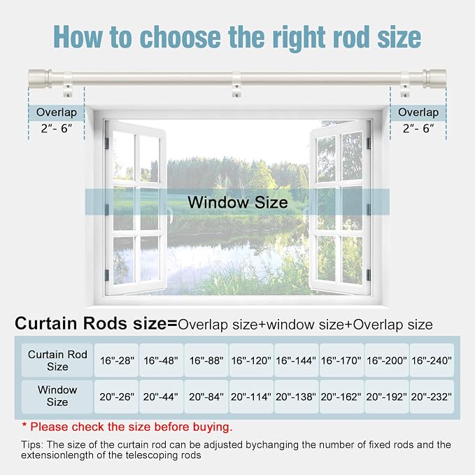 Byondeth Curtain Rods for Windows 16 to 120 Inches Adjustable Length 1 Inch Diameter Window Curtain Rod with Aluminium End Cap, Brushed Nickel