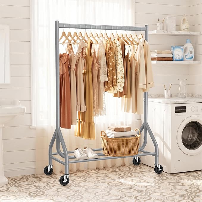 EAGMAK Heavy Duty Clothes Rack Load 268 LBS, 31.5 inch Hanging Rod, Grey | Metal Frame, Stable Base, Compact Size, Rolling Smooth, For Bedroom Closet Entryway Laundry Living Room Home Garage Storage
