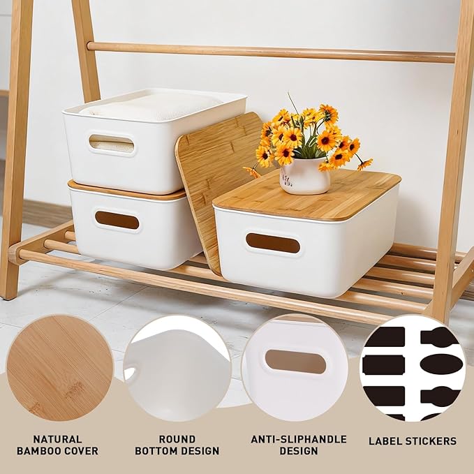 Citylife Storage Bins with Bamboo Lids 16QT Plastic Storage Containers Stackable Organizer Boxes with Handle for Desk Snacks, Toys, 4 PCS, 15" L x 10.6" W x 5.8" H