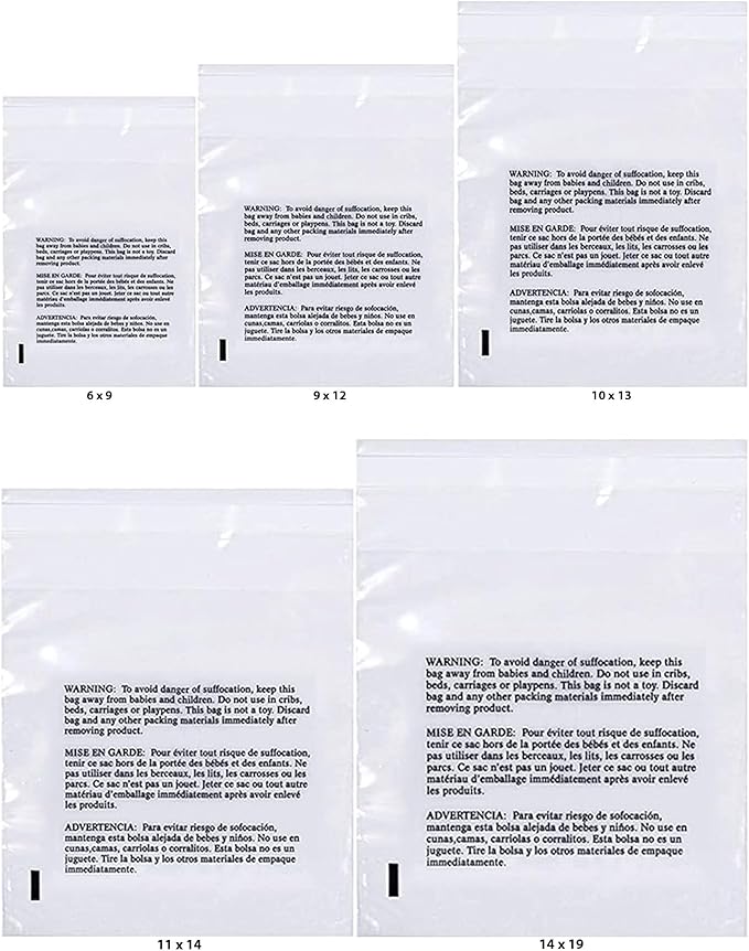 500 Count Combo Pack Warning Bags - 6x9, 9x12, 10x13, 11x14, 14x19 Inch Self Seal Celar Poly Bags with Suffocation Warning with Reclosable for Packaging, Clethes