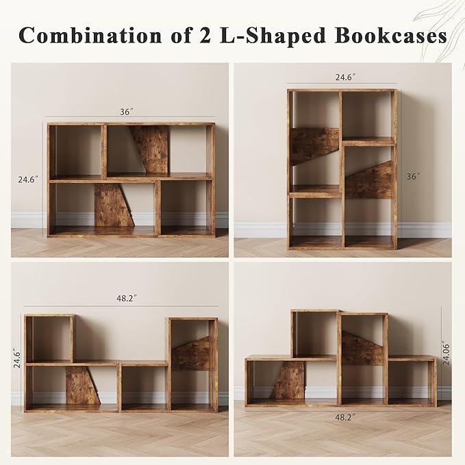 MapleGrace 6 Cube Storage Organizer, Wooden Storage Shelves Bookcase with Back Panels, Stackable Display Bookshelf Includes 2 Wicker Baskets for Living Room, Bedroom, Study, Hallway, Rustic Brown