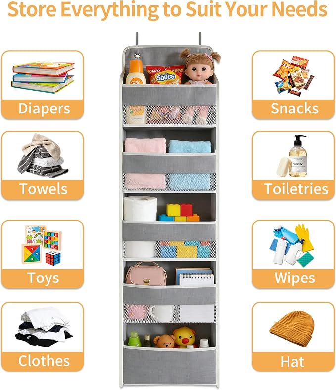 Over the Door Organizer, Door Storage Organizer with Large Capacity Pockets, Hanging Shelves for Bedroom, Closet, Dorm, Pantry (Grey, 5-Tier)