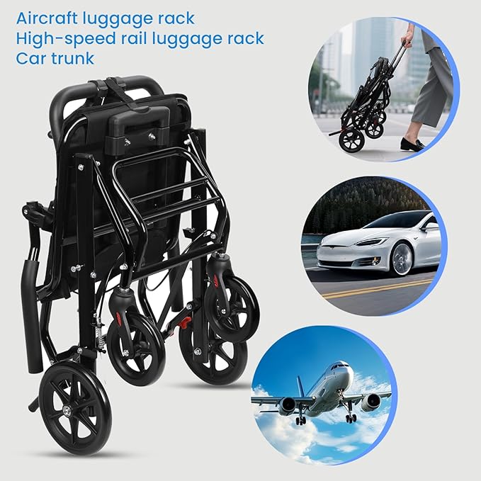 Portable Folding Transport Wheelchair,Transport Wheelchair Lightweight Foldable,Tran Sport Wheelchairs Lightweight Foldable Wheel Chair for Adults,Travel Wheel Chair for Elderly (Black No Pull Rod)
