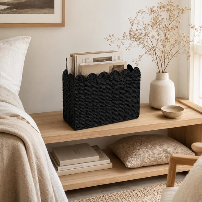 Black Paper Rope Magazine Holder, Tall Narrow Scalloped Basket | Handwoven Black Paper Rope Basket for Magazine Storage, Book Basket, Mail Organizer, File Holder 15"L x 6"W x 11"H