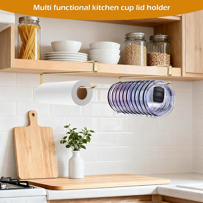 2Pack Tumbler Lid Organizer, Kitchen Space-Saving Cup Holder, Organizers for Under Cabinet Storage, No Glue or Drilling Required (Golden)