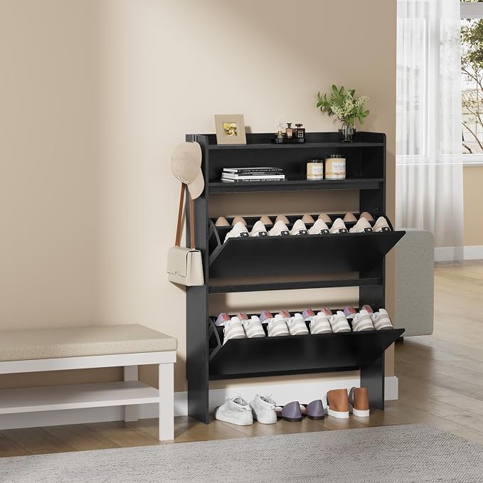 Shoe Cabinet Organizer with 2 Flip Drawers，Freestanding Shoe Rack Cabinet, Shoe Cabinet Storage for entryway, Foyer, Hallway, Black, 31.5" W