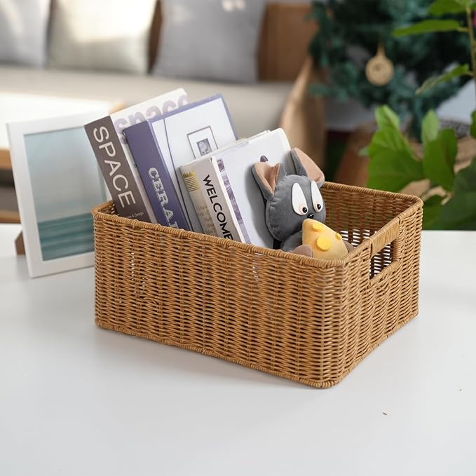 YRMT Rattan Storage Basket Pantry Basket with Built-in Handles Wicker Basket for Organizing Shelves Waterproof Woven Basket Nature (14"x10"x6.3")