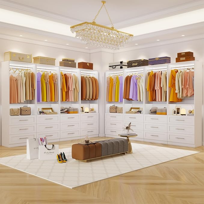 Closet System Set of 4, 8FT-21FT Walk in Closet System with 12 Drawers & 8 Adjustable Hanging Rods, Custom Closet Organizer Systems with 4 Shelves, Modular Closet Storage System Organizer Kit, White