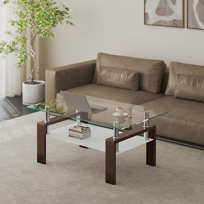 Meihua Rectangle Glass Coffee Table for Living Room, Modern Center Table Metal Tube Legs for Home Office (Brown)