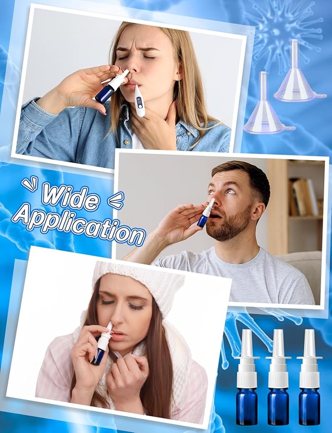 10 Pcs Nasal Spray Bottle, 5ML/0.17OZ 6 Pcs Blue Fine Mist Glass Empty Refillable Nasal Spray Bottle with 2 Funnels and 2 Labels