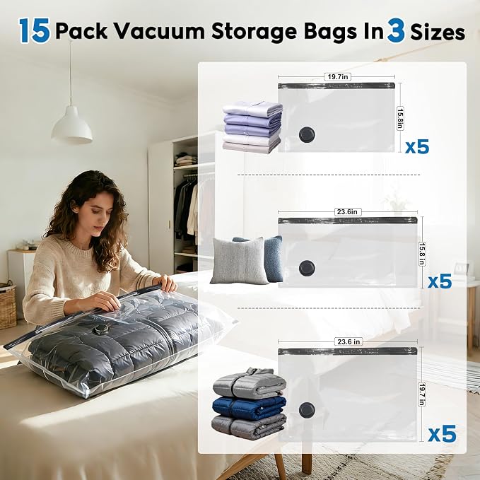 Mapambo Vacuum Seal Bags for Clothing Travel with -60000Pa LED Pump, 15 Pack Travel Cordless Vacuums Bag Set with Pump in 3 Combo Sizes. Vacuums Storage Bags for Clothes (15 Combo)