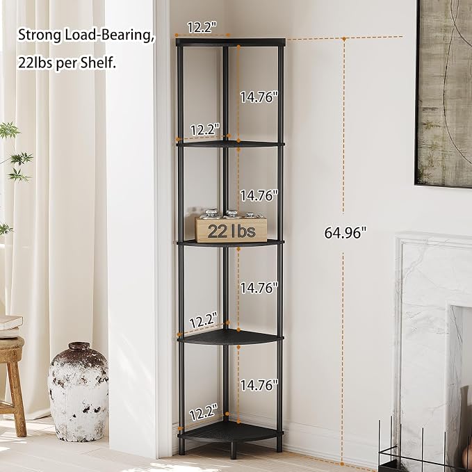 SUNMORY 5 Tier Corner Shelf Stand, Industrial 65" Corner Shelves Display Shelf for Living Room Decor, Wall Corner Bookshelf Multi Unit Organizer, Tall Shelf Plant Stand for Bedroom, Bathroom, Black