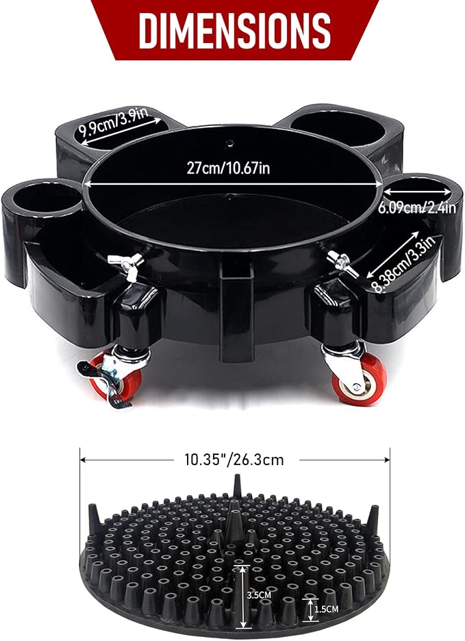 Car Wash Bucket Dolly, 5 Gallon Bucket Grit Trap, Removable Rolling Bucket Dolly with Side Organizer for Storing Spray Bottles and Detailing Kits, Suitable for Workshop Car Washing