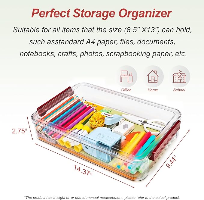 CATOOMUU 2-Pack 9x13 Clear Plastic Project Case Stackable Storage Box | 5.5Qt portable container with lids, file box for letter A4 paper, photos, documents, scrapbook, craft, art, school supplies