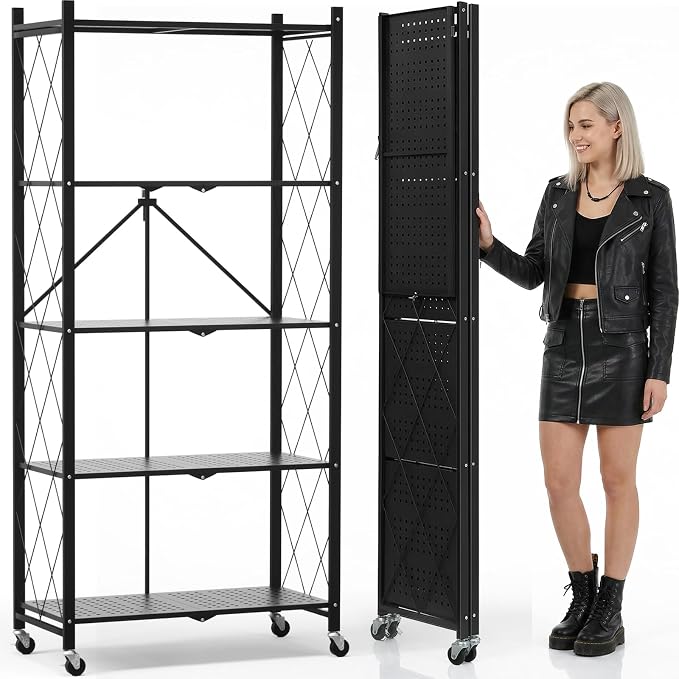 DEANIC 70.7" Tall Extra Large 5-Tier Folding Storage Shelf with Wheels, No Assembly Collapsible Metal Rack with Leveling Feet for Garage, Pantry, Basement, Vendor Display, Kitchen(Black,1 Pack)