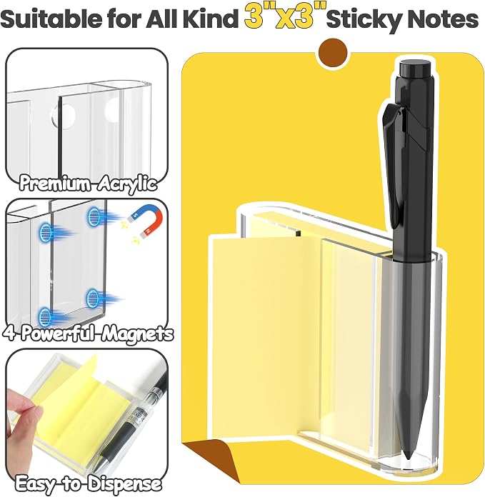 4 Pack Acrylic Sticky Note Dispenser, Magnetic Sticky Note Holder for Post It Notes, 3 x 3 Inch Sticky Note Pen Organizer for Office Home Classroom