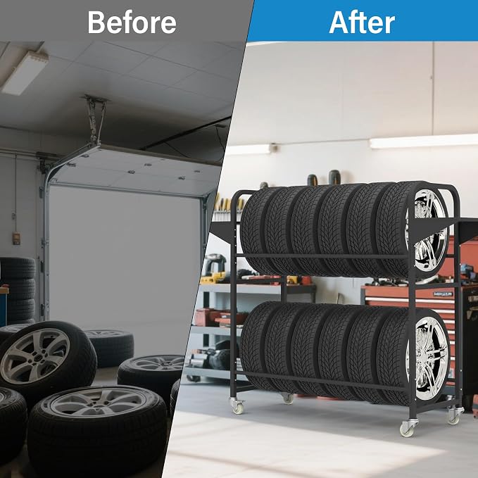 Tire Storage Rack 57" x 55.1" x 20" w/Anti-dust Cover | Adjustable Rolling Tire Rack for Garage Black w/4 Swivel Casters & 2 Storage Shelf for Garage Storage