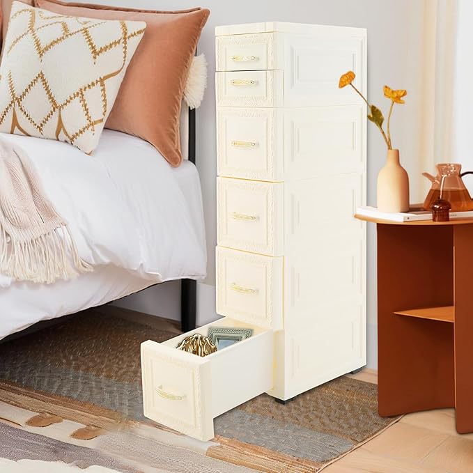 Storage Cabinet, 6 Drawers Narrow Plastic Organizer Cabinet with Wheels, Vertical Drawer Storage Unit, Mobile Slim Utility Furniture for Office, Living Room, Bedroom, Garage (White)