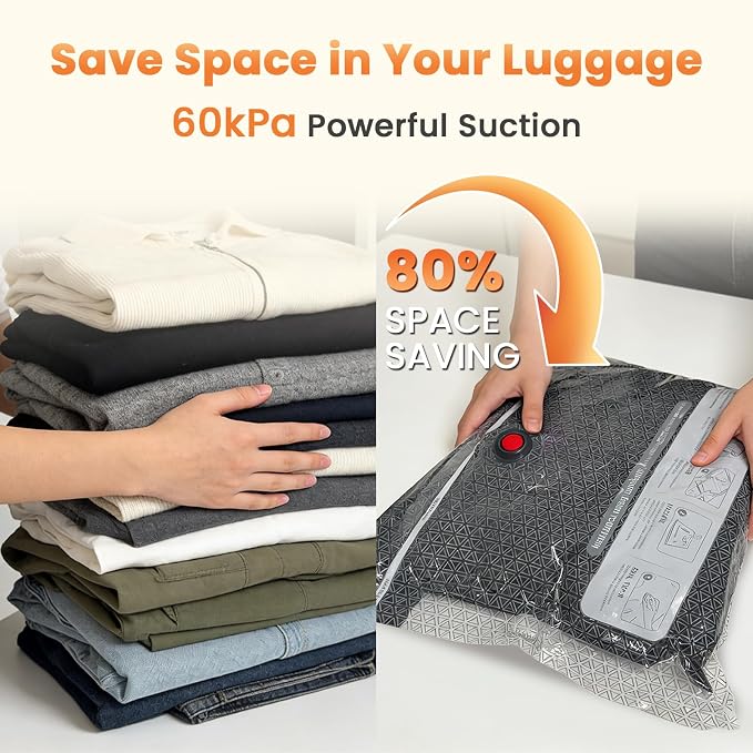 18 Pack Vacuum Storage Bags for Travel with Cordless Pump | 1.5s Hold to Start, 2000mAh Rechargeable, 100+ vacuum seals per charge, 60000Pa suction, for Luggage and Suitcase