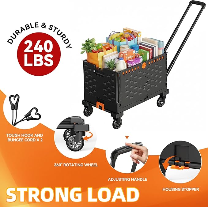Folding Hand Truck Collapsible Crate Set, No Assembly Required 2 in 1 Utility Portable Rolling Crate Handcart with 4 Big Wheels & 2 Elastic Ropes & Removable Storage Crates (3.54 inches Wheels)