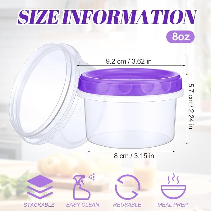 Sieral 36 Pack 8 oz Freezer Containers with Lids Reusable Deli Freezer Storage Containers Stackable Plastic Thick Twist Top Jars for Takeout Food Round Wide Mouth Lunch Snack (Purple)