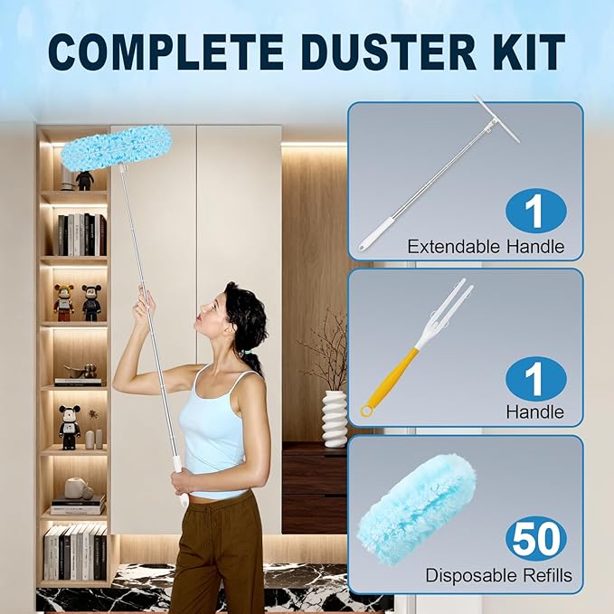 50Pcs Duster Refill Compatible with Swiffer Hand Duster +4FT Extended Handle +1 Handle, 360° Heavy Duty Duster Refills Kit for Cleaning, Office, Ceiling Fan, Baseboard & Blind