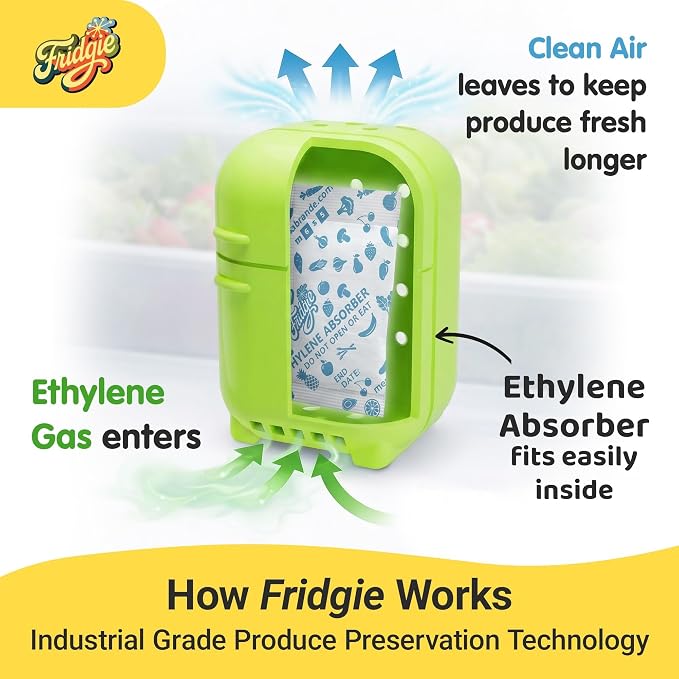 Fridgie Produce Saver, Ethylene Gas Absorber, Fresh Vegetable Saver - Green | 4 refill packets, up to 12 months, slows ripening, cuts food waste, crisper drawer, keeps lettuce, berries, herbs crisp