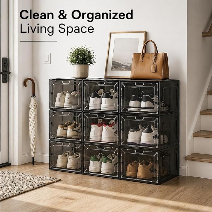 Translucent Black Shoe Storage Box, 2026 2nd Gen Thickened Hard Plastic Stackable Organizer with Magnetic Door, Folding Shoe Rack for Closet, Premium Sneaker Display Case, 1 Pack