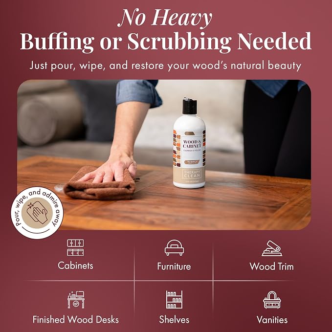 Therapy Wood Cleaner and Polish - Cabinet & Table Restorer (16 oz) | Includes microfiber cloth. Almond scent, natural conditioning formula. Restores wood cabinets, tables & furniture. 16oz
