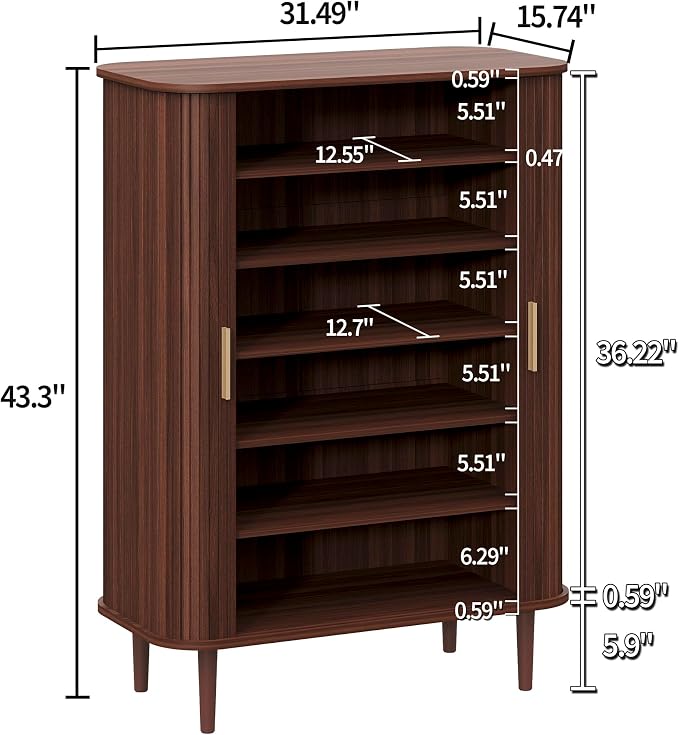 DHH Shoe Storage Cabinet with Sliding Door, 6-Tier Shoe Cabinet with Adjustable Shelves, Modern Freestanding Shoe Storage Organizer for Entryway, Hallway, Living Room (Walnut, 31.5 ")
