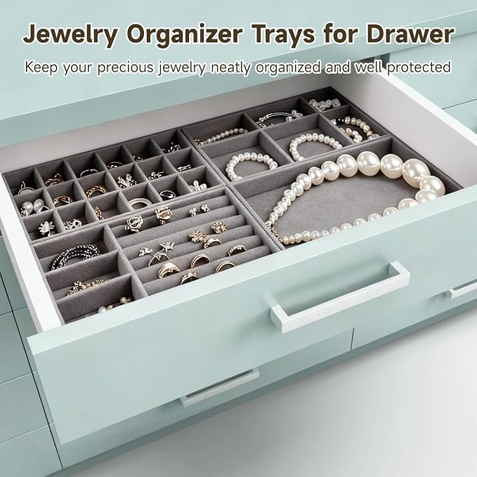 Homaisson Jewelry Drawer Organizer, Velvet Jewelry Tray, Multiple Compartment Layout, Set of 4 Jewelry Organizer for Rings, Earrings, Bracelets, Necklaces (Grey)